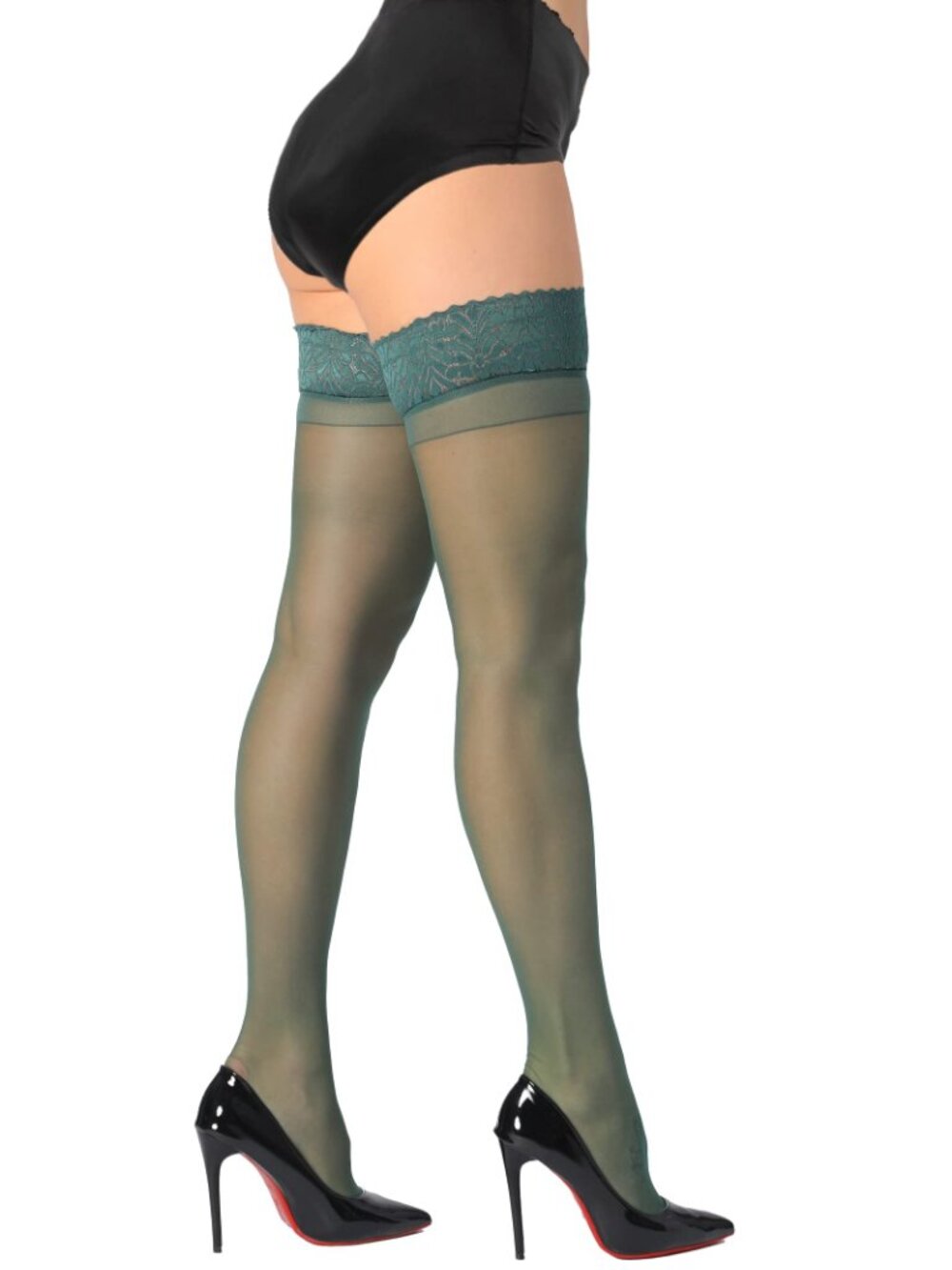 Thigh High Stockings with Silicone Lace Top Stay Up Silky 20D Sheer Green